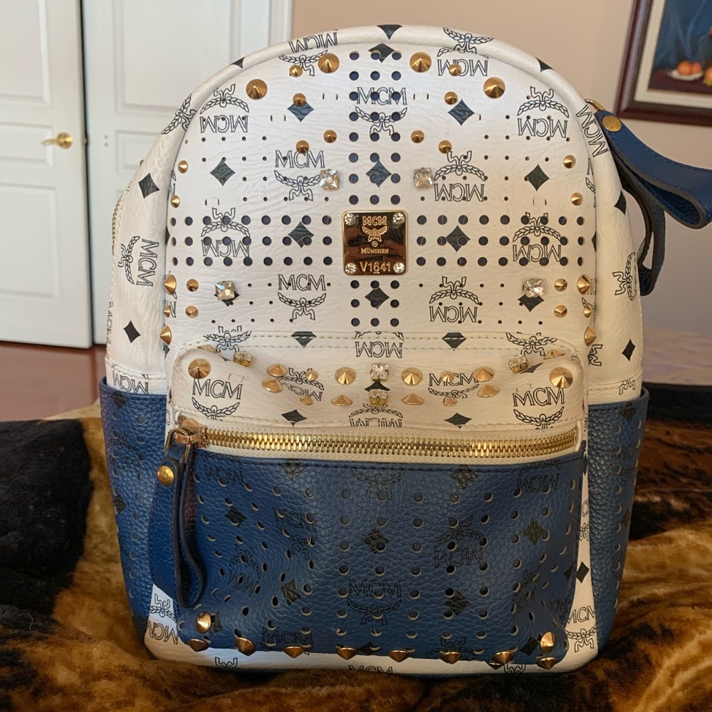 MCM White and Navy Visetos Studded Mini Backpack